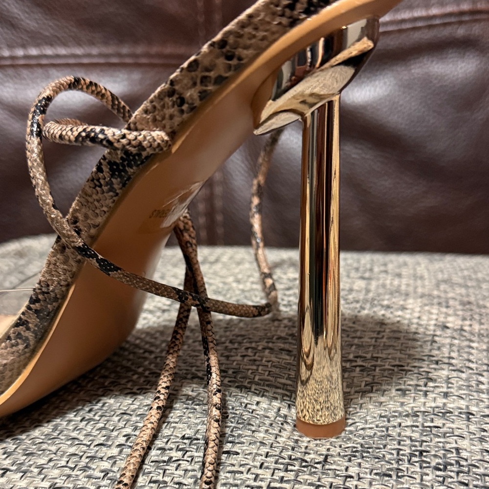 Gold Stiletto Lace-Up Sandal in Snake Print
